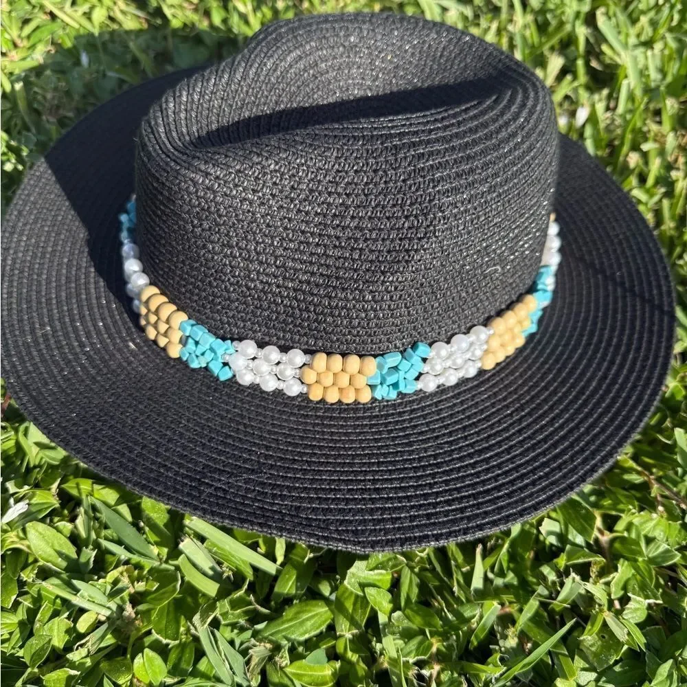 Black Hat BRAND NEW Hand Beaded Trim Band - Blue and Tan Beads